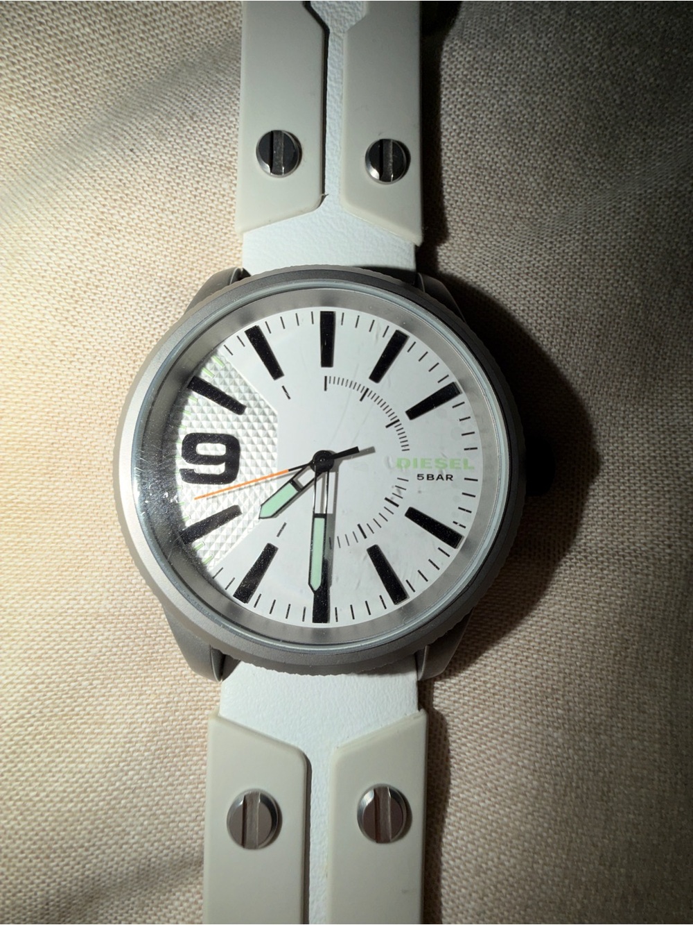 Diesel White and Black Men's Analog Watch with Green Accents